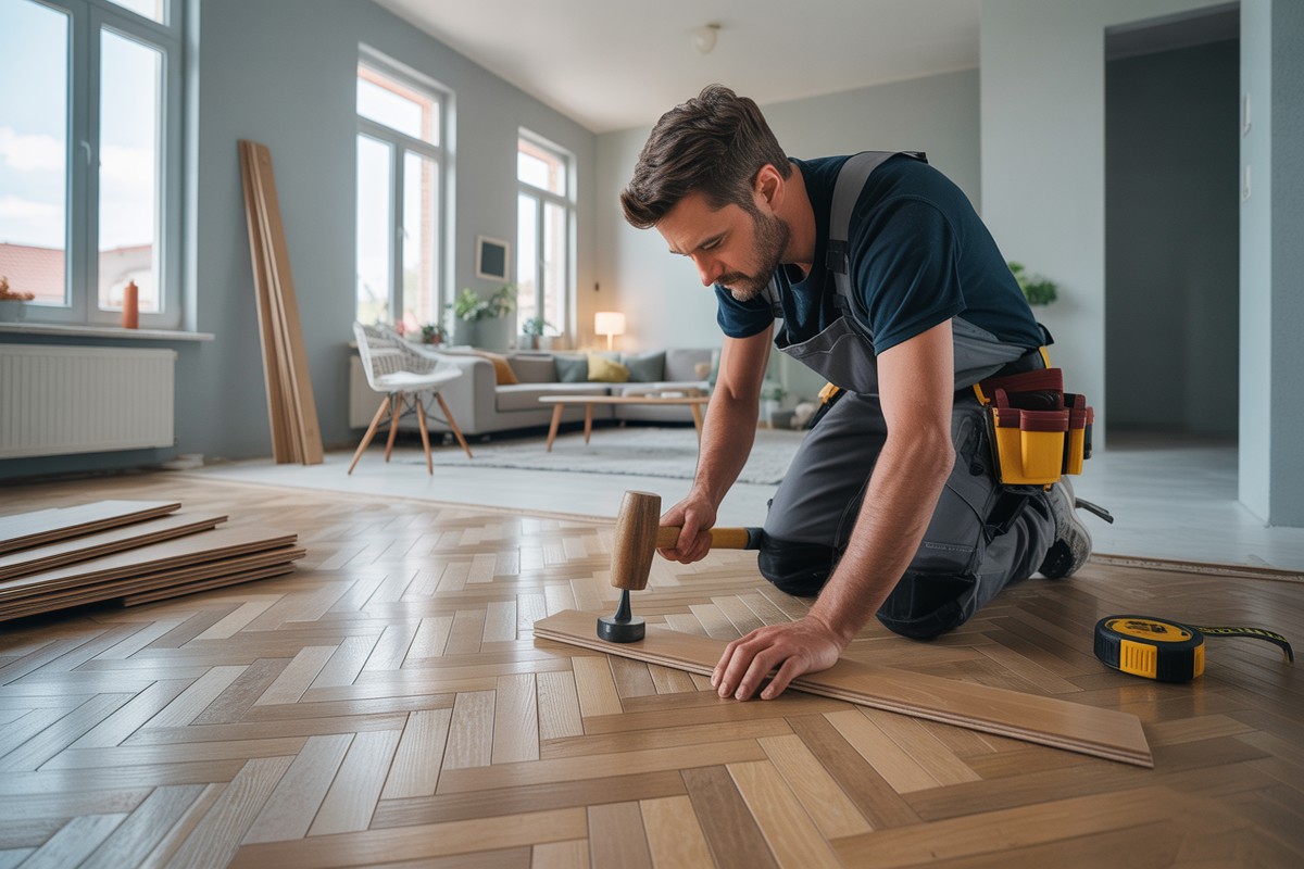 Hantverkare monterar fiskbensparkett noggrant i solig modern lägenhet under renovering