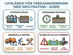 Infographie cheat sheet : Livslängd för trekammarbrunn med infiltration - guide