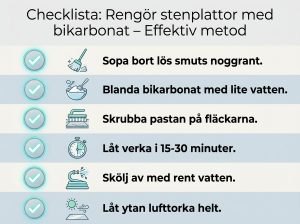 Infographie checklist : Rengör stenplattor med bikarbonat - effektiv metod