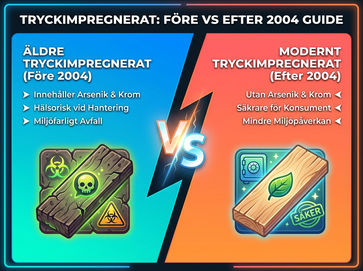 Infographie duel visual : Är tryckimpregnerat virke giftigt? Viktig guide efter 2004