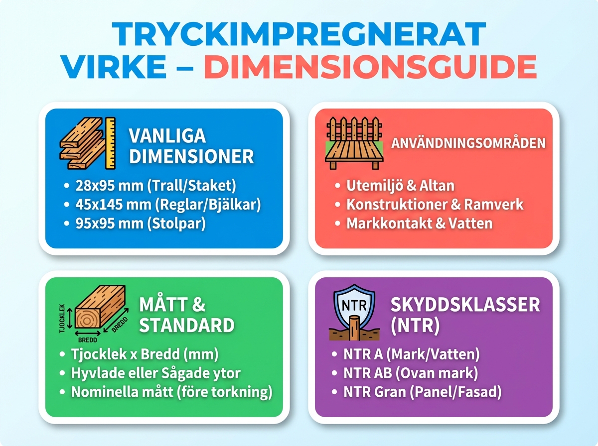 Infographie cheat sheet : Tryckimpregnerat virke dimensioner - guide till rätt mått