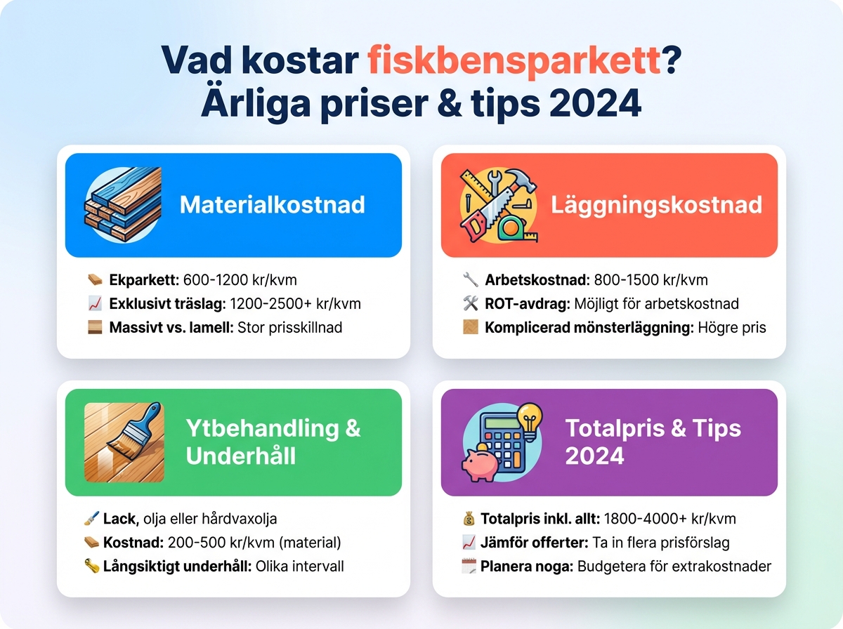 Infographie cheat sheet : Vad kostar fiskbensparkett? Ärliga priser & tips 2024