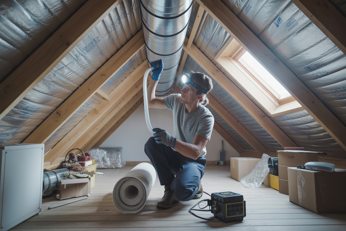 Ventilationstekniker installerar kanaler på vind i äldre självdragsvilla med dagsljus
