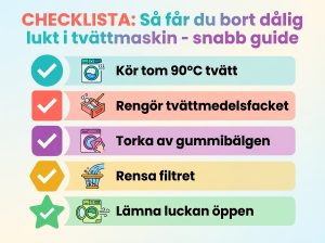 Infographie checklist : Så får du bort dålig lukt i tvättmaskin - snabb guide