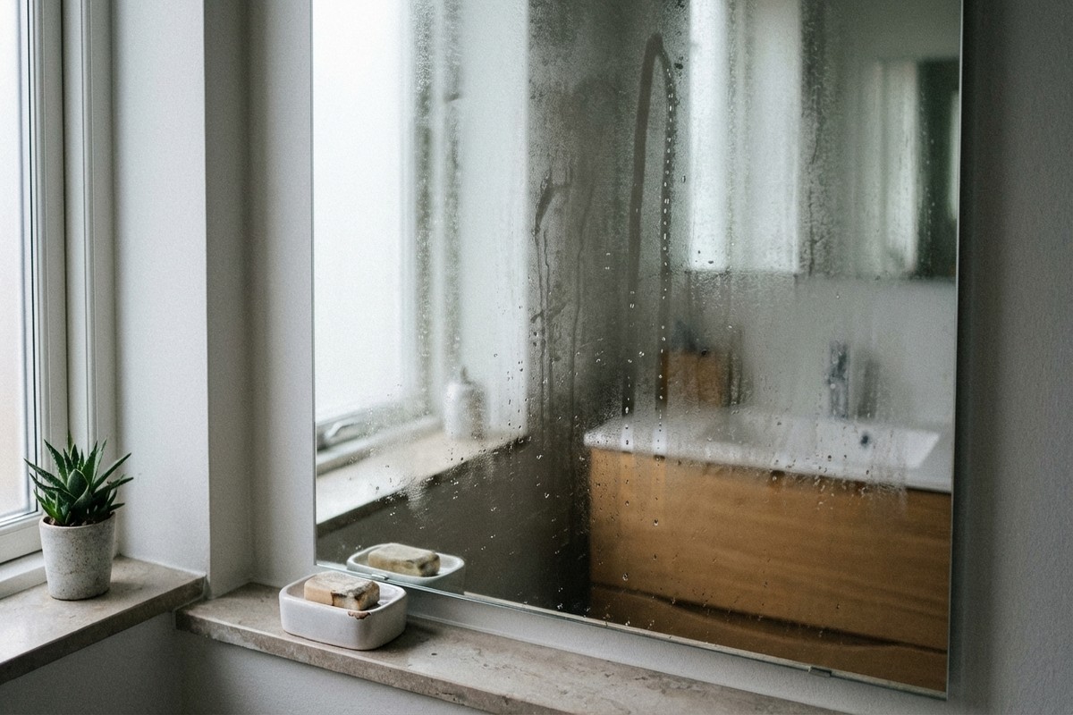 En immig badrumsspegel täckt av kondens, med ett avtorkat streck som visar problemet med dålig ventilation.