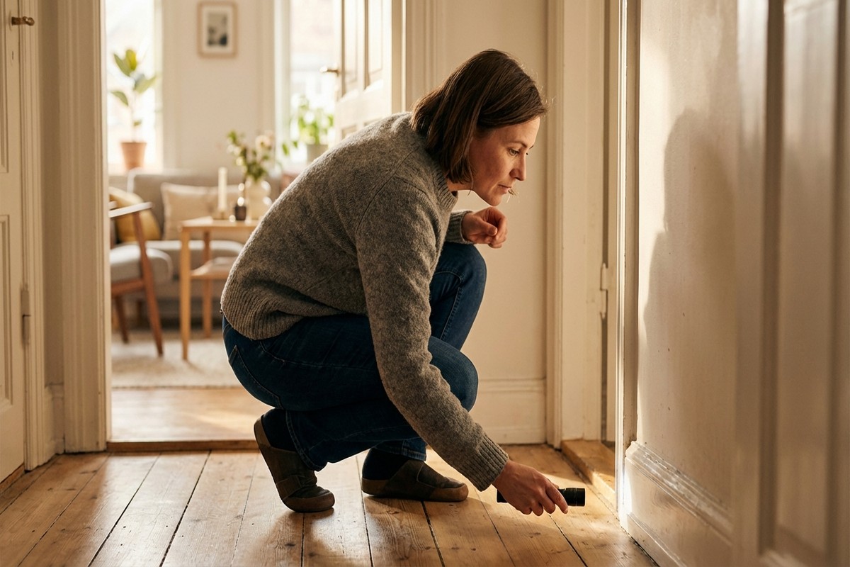 En husägare inspekterar golvlister och golv i en hall för att lokalisera källan till en unken lukt eller fuktskada.