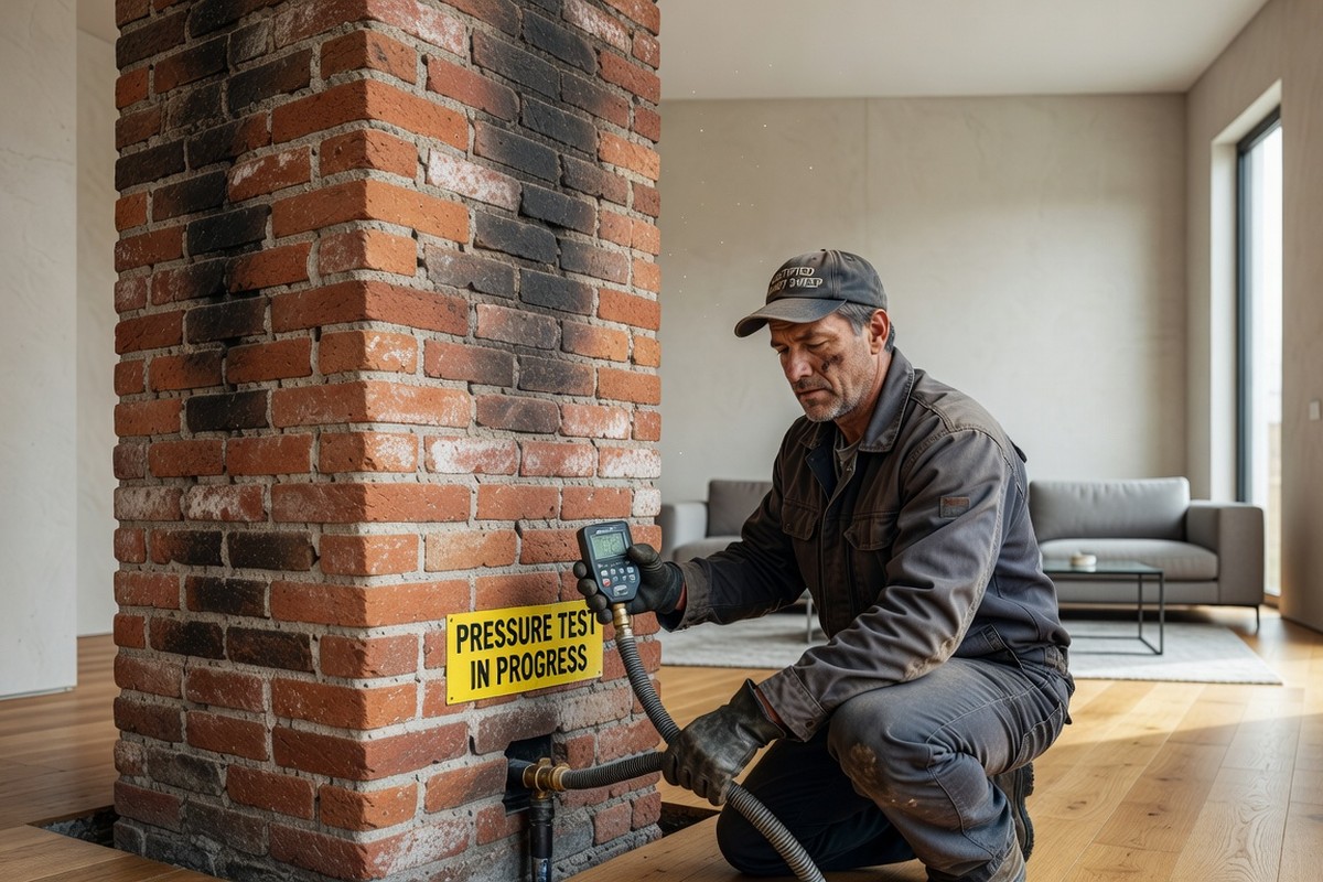 Skorstensfejarmästare utför provtryckning på befintlig murstock inför kamininstallation i vardagsrum.