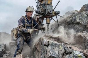 Arbetare i hjälm borrar med topphammare i hårt granitberg under säker infrastrukturprojekt.