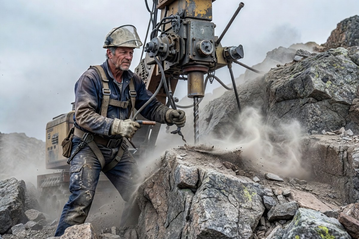 Arbetare i hjälm borrar med topphammare i hårt granitberg under säker infrastrukturprojekt.
