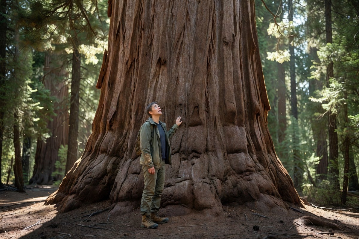 Vandrare vid den enorma stammen av General Sherman i skogen