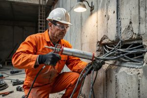Elektriker applicerar brandtätning runt kabel i vägggenomföring för säker elsäkerhet.