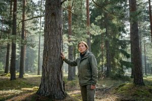 Vandrare som undersöker tall i solbelyst svensk skog