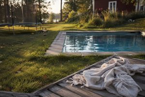 Trädgård med swimmingpool och studsmatta i eftermiddagsljus