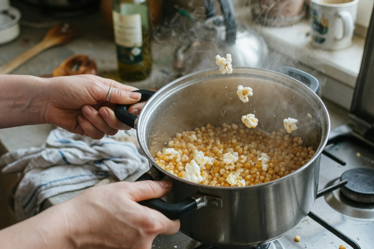 Händer skakar kastrull med poppande popcorn i kök